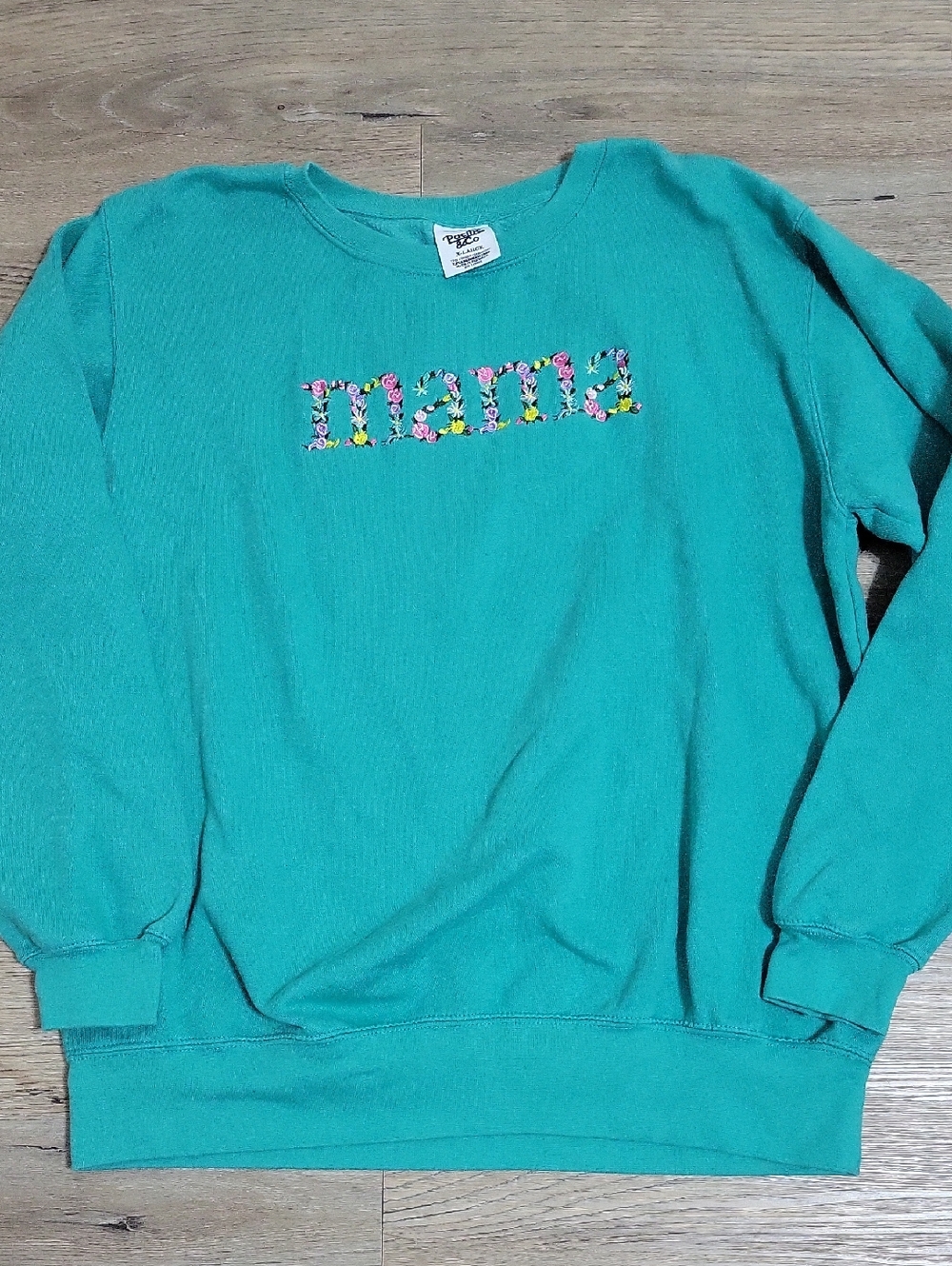 Teal Crewneck Sweatshirt with Floral "mama" Appliqué